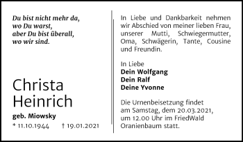 Traueranzeige von Christa Heinrich von Mitteldeutsche Zeitung Wittenberg
