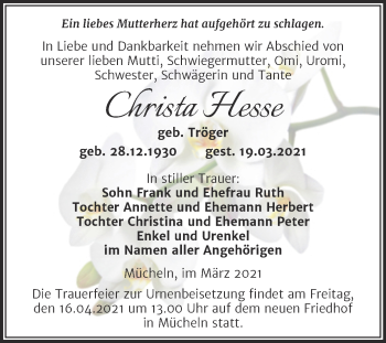 Traueranzeige von Christa Hesse von Mitteldeutsche Zeitung Merseburg/Querfurt