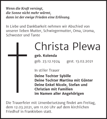 Traueranzeige von Christa Plewa von Mitteldeutsche Zeitung Merseburg/Querfurt