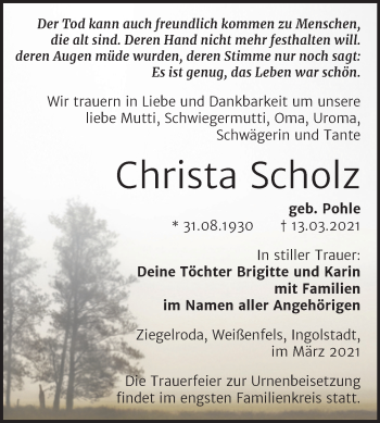 Traueranzeige von Christa Scholz von Mitteldeutsche Zeitung Merseburg/Querfurt