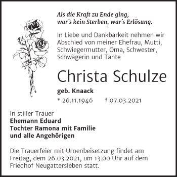 Traueranzeige von Christa Schulze von Mitteldeutsche Zeitung Bernburg
