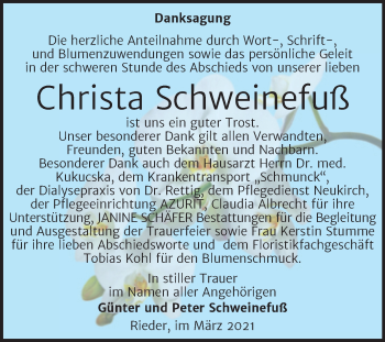 Traueranzeige von Christa Schweinefuß von Mitteldeutsche Zeitung Quedlingburg