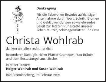 Traueranzeige von Christa Wohlrab von Mitteldeutsche Zeitung Wittenberg