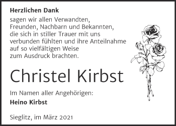 Traueranzeige von Christel Kirbst von Mitteldeutsche Zeitung Naumburg/Nebra