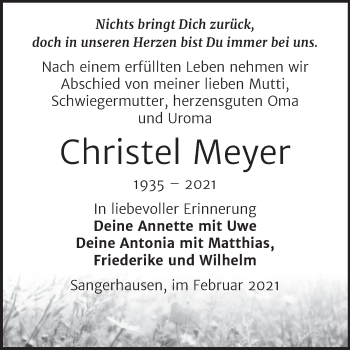 Traueranzeige von Christel Meyer von Mitteldeutsche Zeitung Sangerhausen