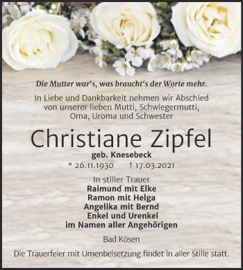 Traueranzeige von Christiane Zipfel von Wochenspiegel Naumburg/Nebra