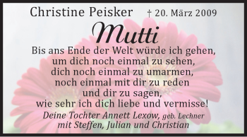 Traueranzeige von Christine Peisker von Mitteldeutsche Zeitung Naumburg/Nebra