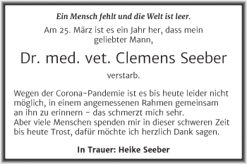 Traueranzeige von Clemens Seeber von Mitteldeutsche Zeitung Bernburg