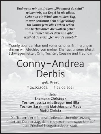 Traueranzeige von Conny-Andrea Derbis von Mitteldeutsche Zeitung Bernburg
