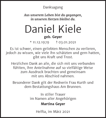 Traueranzeige von Daniel Kiele von Mitteldeutsche Zeitung Mansfelder Land
