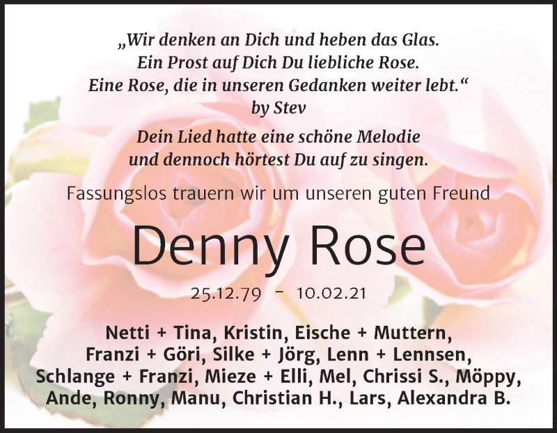  Traueranzeige für Denny Rose vom 13.03.2021 aus Mitteldeutsche Zeitung Wittenberg