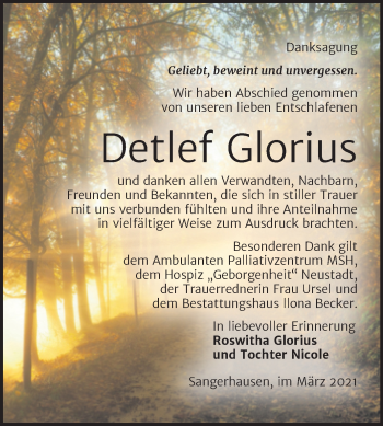 Traueranzeige von Detlef Glorius von Mitteldeutsche Zeitung Sangerhausen