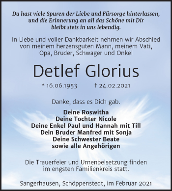 Traueranzeige von Detlef Glorius von Mitteldeutsche Zeitung Sangerhausen
