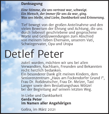 Traueranzeige von Detlef Peter von Mitteldeutsche Zeitung Zeitz