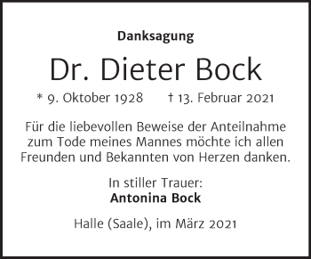 Traueranzeige von Dieter Bock von Mitteldeutsche Zeitung Halle/Saalkreis