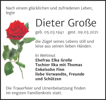 Traueranzeige von Dieter Große von Mitteldeutsche Zeitung Dessau-Roßlau