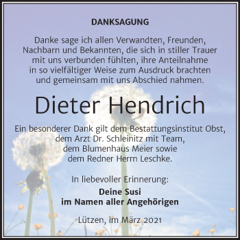 Traueranzeige von Dieter Hendrich von Mitteldeutsche Zeitung Weißenfels