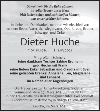 Traueranzeige von Dieter Huche von Super Sonntag Naumburg/Nebra