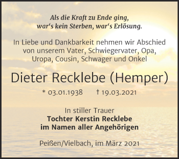Traueranzeige von Dieter Recklebe von Mitteldeutsche Zeitung Bernburg