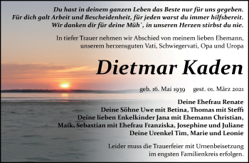 Traueranzeige von Dietmar Kaden von Mitteldeutsche Zeitung Bitterfeld