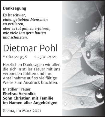 Traueranzeige von Dietmar Pohl von Super Sonntag Naumburg/Nebra