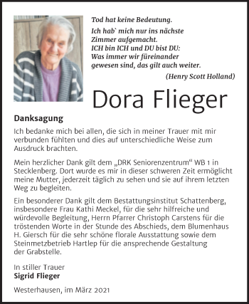 Traueranzeige von Dora Flieger von Mitteldeutsche Zeitung Quedlingburg