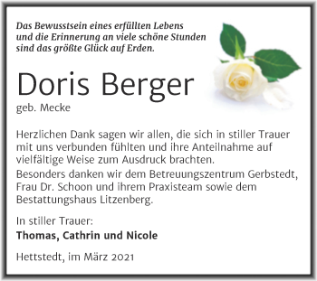 Traueranzeige von Doris Berger von Mitteldeutsche Zeitung Mansfelder Land