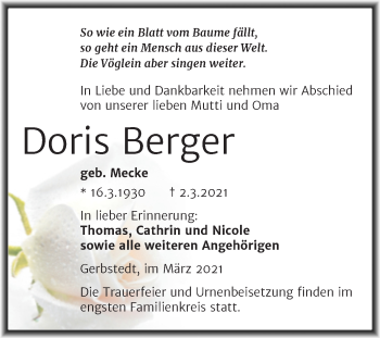 Traueranzeige von Doris Berger von Mitteldeutsche Zeitung Mansfelder Land