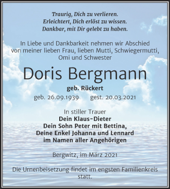 Traueranzeige von Doris Bergmann von Mitteldeutsche Zeitung Wittenberg