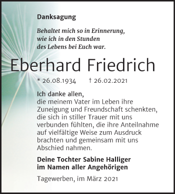 Traueranzeige von Eberhard Friedrich von Mitteldeutsche Zeitung Weißenfels