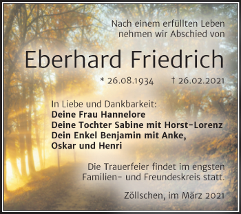 Traueranzeige von Eberhard Friedrich von Mitteldeutsche Zeitung Merseburg/Querfurt