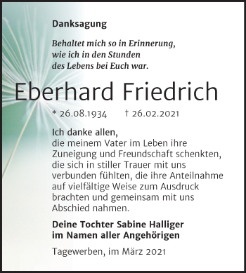 Traueranzeige von Eberhard Friedrich von Mitteldeutsche Zeitung Merseburg/Querfurt
