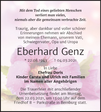 Traueranzeige von Eberhard Genz von Mitteldeutsche Zeitung Bernburg