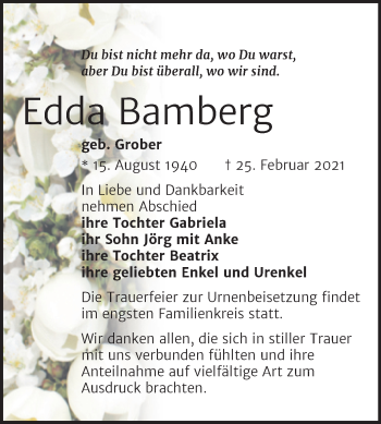 Traueranzeige von Edda Bamberg von Mitteldeutsche Zeitung Naumburg/Nebra
