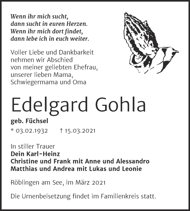  Traueranzeige für Edelgard Gohla vom 20.03.2021 aus Mitteldeutsche Zeitung Mansfelder Land