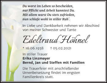 Traueranzeige von Edeltraud Höhnel von Mitteldeutsche Zeitung Merseburg/Querfurt