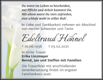 Traueranzeige von Edeltraud Höhnel von Mitteldeutsche Zeitung Merseburg/Querfurt