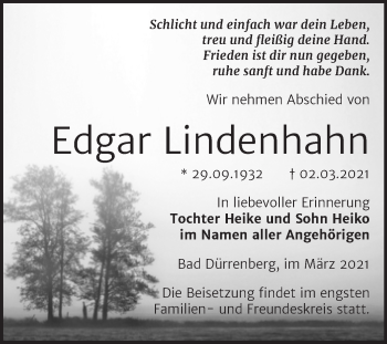 Traueranzeige von Edgar Lindenhahn von Mitteldeutsche Zeitung Merseburg/Querfurt