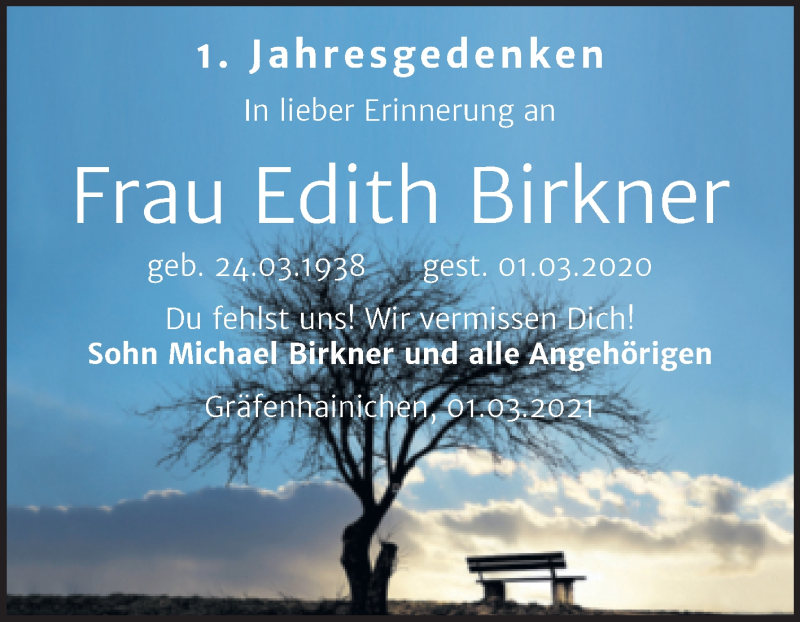  Traueranzeige für Edith Birkner vom 03.03.2021 aus Mitteldeutsche Zeitung Bitterfeld