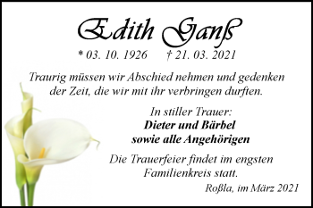 Traueranzeige von Edith Ganß von Mitteldeutsche Zeitung Sangerhausen