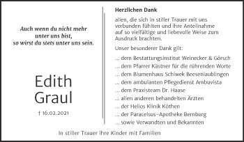 Traueranzeige von Edith Graul von Mitteldeutsche Zeitung Bernburg