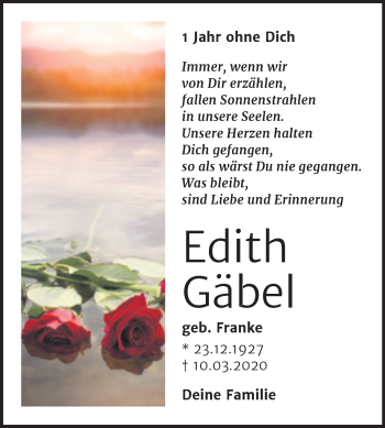 Traueranzeige von Edith Gäbel von Mitteldeutsche Zeitung Halle/Saalkreis