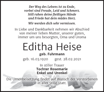 Traueranzeige von Editha Heise von Mitteldeutsche Zeitung Aschersleben