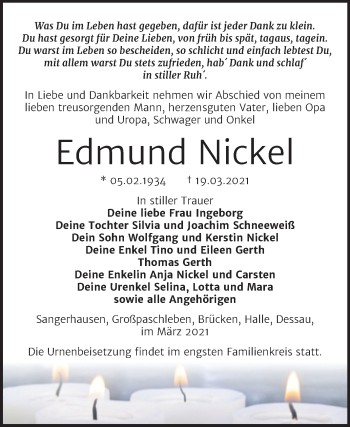 Traueranzeige von Edmund Nickel von Mitteldeutsche Zeitung Sangerhausen