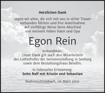 Traueranzeige von Egon Rein von Mitteldeutsche Zeitung Mansfelder Land