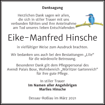 Traueranzeige von Eike-Manfred Hinsche von Mitteldeutsche Zeitung Dessau-Roßlau