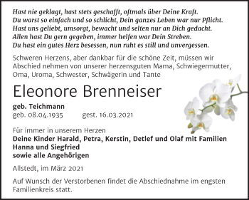 Traueranzeige von Eleonore Brenneiser von Mitteldeutsche Zeitung Sangerhausen
