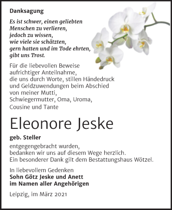 Traueranzeige von Eleonore Jeske von Mitteldeutsche Zeitung Zeitz