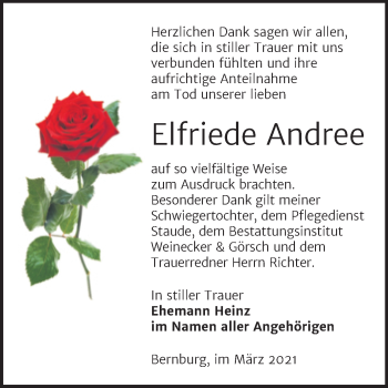 Traueranzeige von Elfriede Andree von Mitteldeutsche Zeitung Bernburg