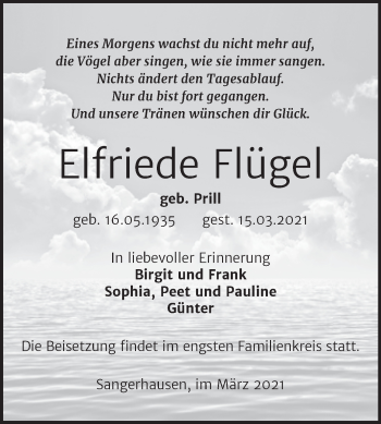 Traueranzeige von Elfriede Flügel von Mitteldeutsche Zeitung Sangerhausen